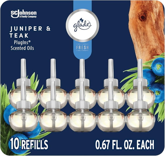 Glade PlugIns Refills Air Freshener, Juniper & Teak, Scented and Essential Oils for Home and Bathroom, 0.67 Fl Oz, 10 Count