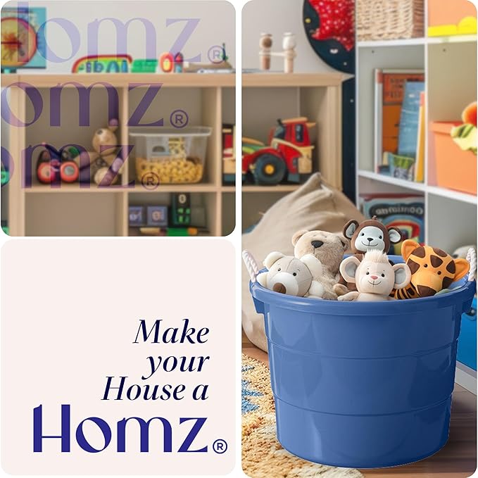HOMZ 2-Pack Utility Tub, Large Plastic Storage Bucket with Rope Handles, 18 Gallon, Blue - Portable Indoor and Outdoor Buckets for Kitchen, Laundry, Garden, Bathroom, and Garage Organization