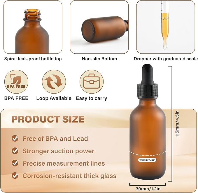 6 Pcs, 2oz Amber Glass Eye Dropper Bottle, Tincture Bottles With Dropper, Pretty Finish, Leak-Proof Design, Stronger Suction for All Kinds of Mixed Liquids