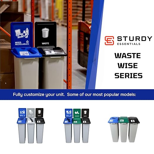 Waste Wise 69 Gallon Recycled HDPE Waste and Recycling Center for Commercial Spaces for Organics, Cans, Waste with Lids with Signs