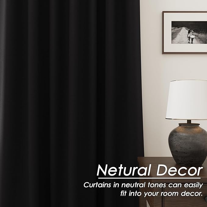 100% Blackout Linen Curtains 95 Inch Length 2 Panels for Living Room Loop Pocket Pinch Pleated Black Out Drapes Black Colored Heat Reducing Total Blackout Window Curtains for Bedroom 95 Inches Long