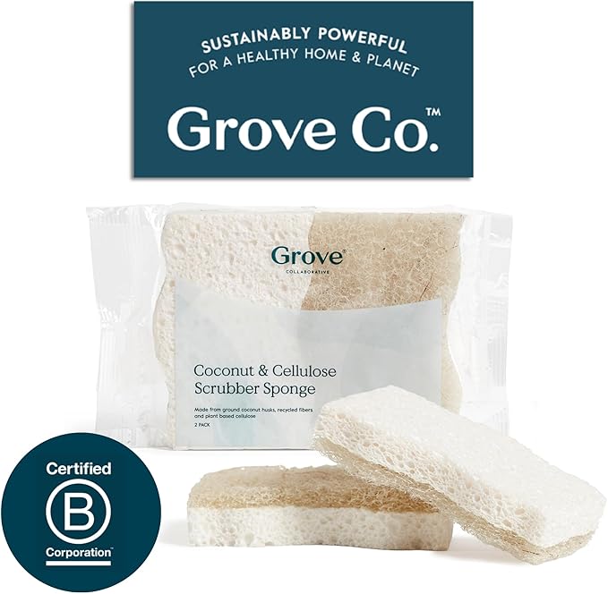 Grove Co. Sponges, Natural Coconut Scrubber Kitchen Sponge, Dual-Sided, Non-Scratch, Super Absorbent Plant-Based Cellulose with Coconut Husk Scourer, Household Cleaning Essentials, 6 Pack