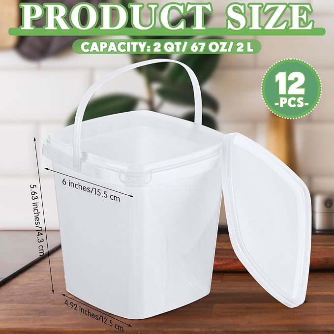 Mifoci 12 Pcs 2 Qt/ 67 Oz/ 2 L Plastic Food Containers, 0.5 Gallon Ice Cream Buckets with Lids and Handle Reusable Square Deli Containers Freezer and Microwave Safe for Kitchen Food Drinks Storage