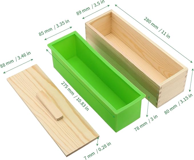 ZOENHOU 3PCS 42oz Green Soap Molds with 3 Lids, Flexible Rectangular Silicone Soap Making Molds Kit with Wood Box DIY Tool Set for Soap Making Supplies