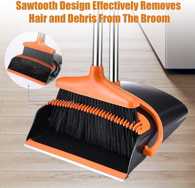 Broom and Dustpan Set with Long Handle and 6 Bonus Cleaning Tools, Upright Standing Combo with Self-Cleaning Teeth & Windproof Dustpan for Pet Hair, Home, Kitchen, Garage, Apartment