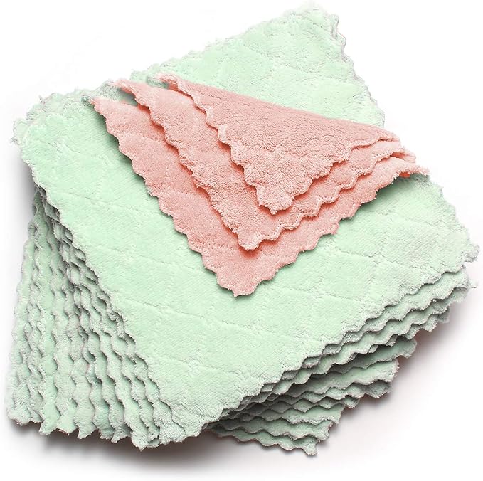 12 Pack Dish Towels, 10x10 in Premium Dish Cloths, Super Absorbent Kitchen Towels Coral Velvet Dishcloths Nonstick Oil Fast Drying Washcloths (Pink-Green)