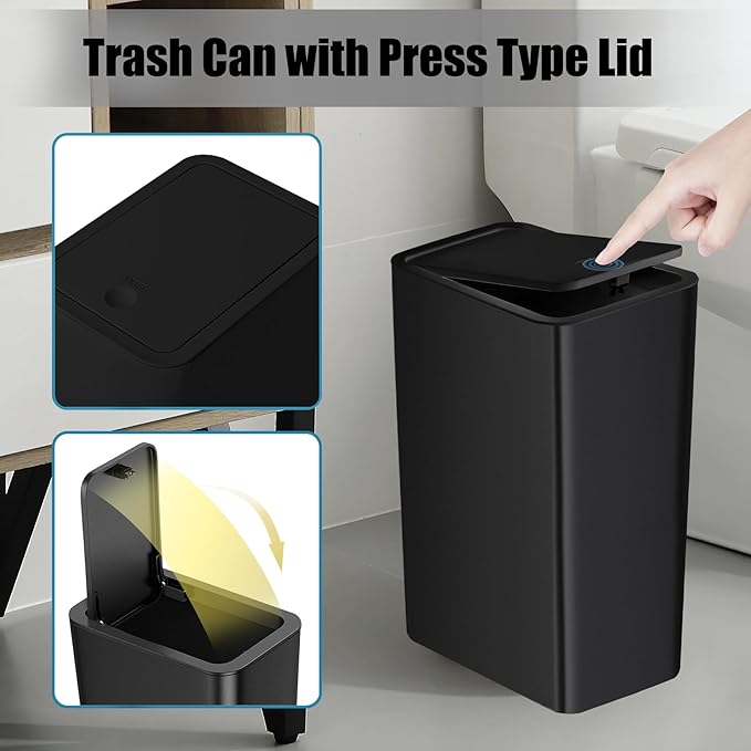 TIPGO Bathroom Trash Can with Lid, 10 Liter/ 2.6 Gallon Slim Garbage Can, Small Trash Bin Waste Basket with Pop-Up Lid for Kitchen, Bedroom, Living Room, Office (Black)
