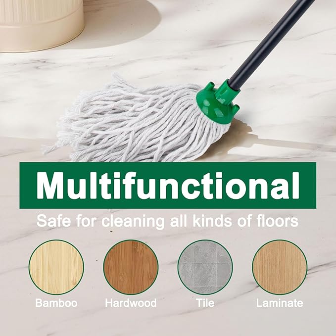KeFanta Mop for Floor Cleaning,2 Pcs Cotton String Wet Mops Replacement Head Compatible with Microfiber Cloth Mop Refill & 0.8" Diameter Mops Handle,Green(1 Handle & 2 Heads)