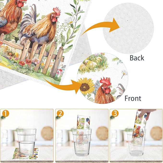 Chicken Swedish Dishcloths for Kitchen - 6PCS Chicken Swedish Cloths for Washing Dishes, Cute Rooster Reusable Dish Towels, Hen Washable Cleaning Sponge for Home Party Fast Drying