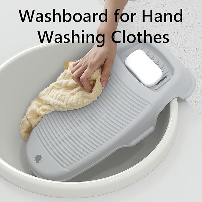 2 Pack Wash Board for Hand Washing Clothes, New Updated Washing Boards with Soap Holder and Non-slip Base, 2 Sizes Large Washboard for Laundry, Kitchen Sink (Grey)