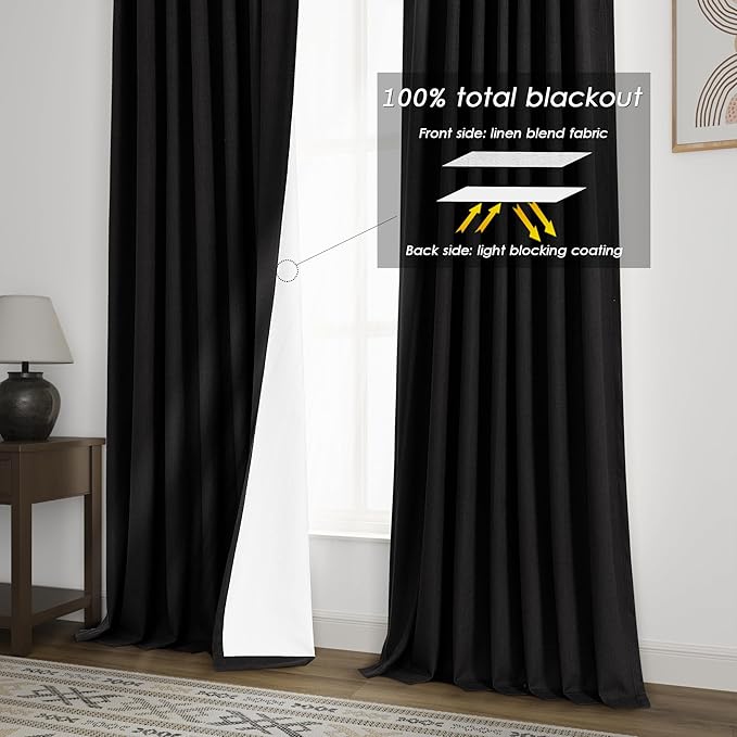 Black Linen Blackout Curtains 84 Inches for Bedroom Pinch Pleated Modern Farmhouse Living Room Draperies 84 Length Thermal Insulated Full Shading Black Curtains With White Backing for Sliding Door