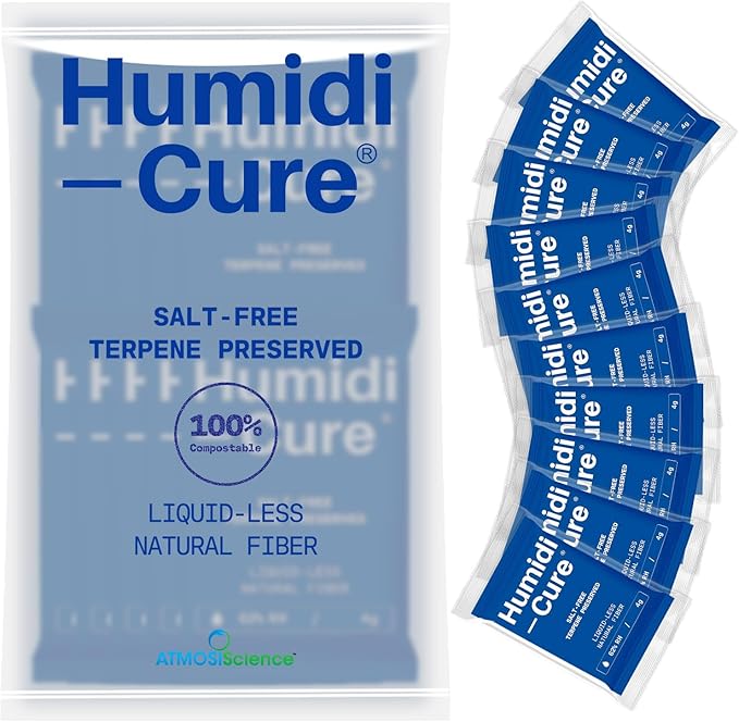 Humidi-Cure 62% RH 2-Way Humidity Packs, Each for Storing 1/2 oz Herbs, Preserving Aroma and Flavor with Liquidless Plant-Fiber, Salt-Free, Humidity Packs with Individual Sealed Bag (Size 4g, 10 Pack)