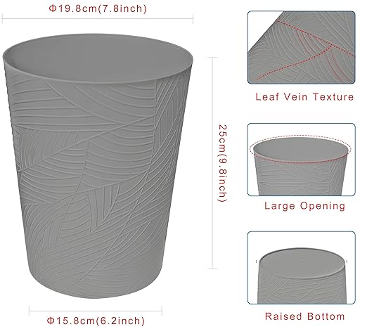 1.8 Gallons Small Trash Can, Decorative Wastebasket, Modern Leaf Pattern Design, Polypropylene Trash Can for Bathroom, Bedroom, Office (1, Grey)