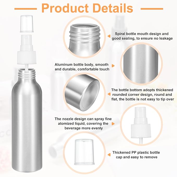 HARFINGTON Aluminum Fine Mist Spray Bottles 120ml/4oz Metal Small Liquid Alcohol Refillable Travel Container with White Plastic Nozzle Cap for Perfume Skincare Cosmetic Storage Bottle
