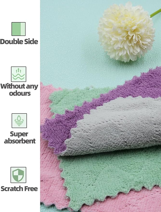 24PCS Kitchen Dishcloth, Microfiber Washcloth, Soft Cleaning Cloths, Coral Fleece/Lint Free/Absorbent/Quick Dry/Nonstick Oil Rags, Reusable Washable Tea Towel, 6''x10''(Mixcolor)