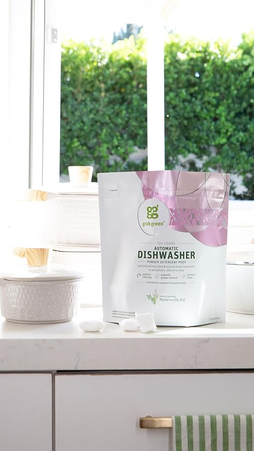 Grab Green Automatic Dishwashing Detergent Pods, 24 Count, Thyme Fig Leaf Scent, Plant and Mineral Based, Superior Cleaning, Powerful Grease Removal,