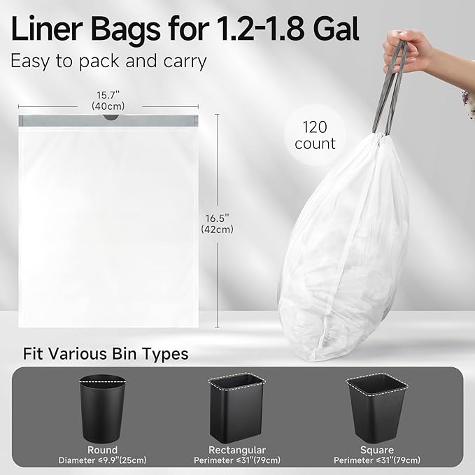 TIPGO Small Trash Bags Drawstring 1.6 Gallon, Pre-Cut Mini Garbage Bags for 1.2-1.8 Gallon Trash Bins, 120 Count (Code A)