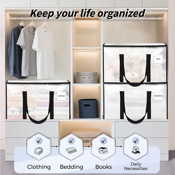 16 Pack Extra Large Heavy Duty Moving Bags, Clear Storage Bins with Lids, Reinforced Handles & Heavy-Duty Zippers Moving Boxes Storage Bags Totes for Clothes Packing, Dorms, College Supplies, Clear
