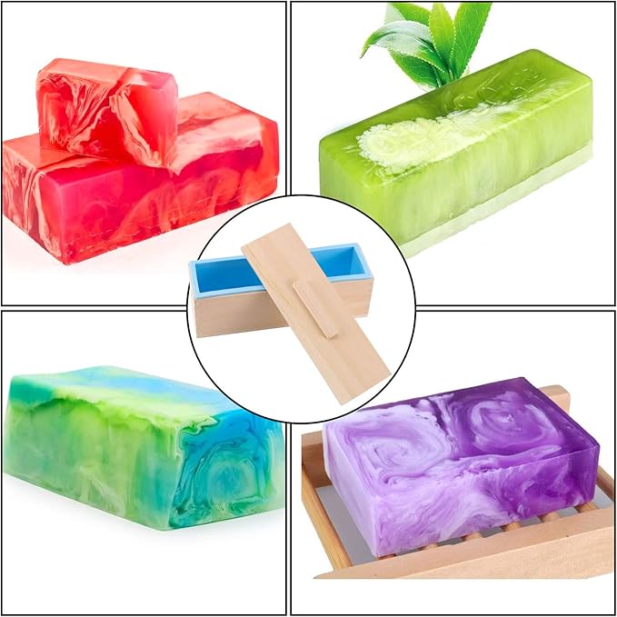 3 Set 45 Oz Blue Silicone Soap Molds Loaf, Flexible Rectangular Soap Making Molds with Wood Box Wooden Covers, Soap Molds for Soap Making