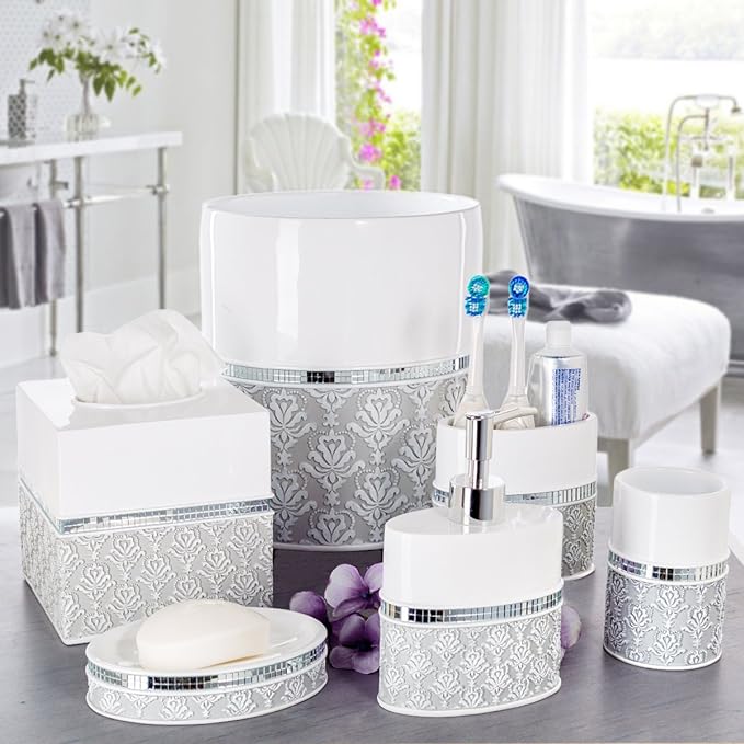 Creative Scents Mirror Damask Small Bathroom Trash Can 1.58 Gal / 6L - Decorative White and Gray Waste Basket - Durable Bathroom Wastebasket - Waste Bin for Powder Room Or Bedroom