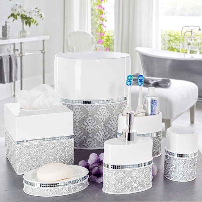 Creative Scents Mirror Damask Toothbrush Holder for Bathroom - Gray & White Toothbrush and Toothpaste Holder - Decorative Toothbrush Cup for Bathroom Holds Multiple Standard Or Electric Toothbrushes