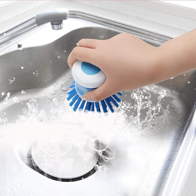 Dish Brush with Soap Dispenser for Dishes Pot Pan Kitchen Sink Scrubbing, Blue 2 Pack