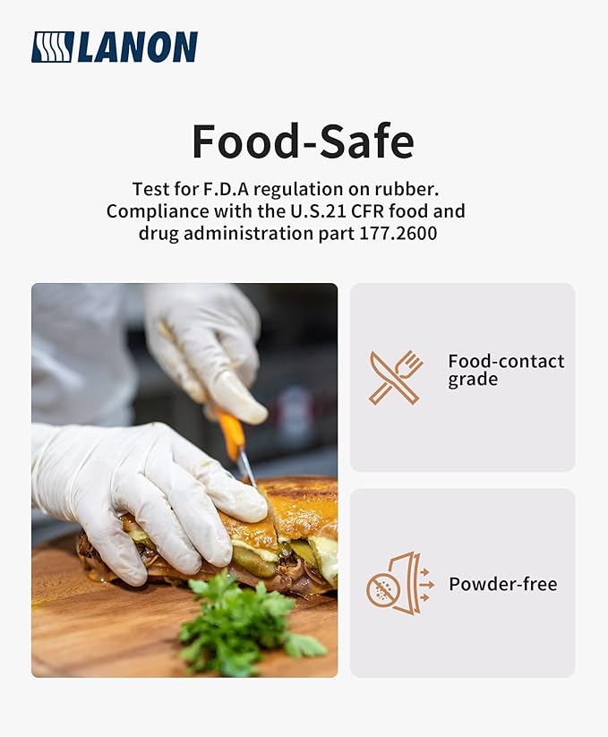 LANON Food Safe White Disposable Nitrile Gloves, Latex-Free, Powder-Free, Textured Fingertips, Cooking, Cleaning, Case, XL