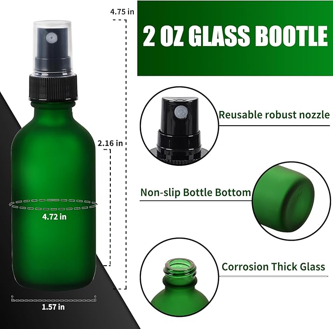 2 oz Glass Spray Bottles, Reusable Fine Mist Sprayer Small Spray Bottle, Preety Frosted Texture, Leak-Proof Design, Perfect for Travel, Skin Care, Perfumes (Green-Frosted, 2oz-24pcs)