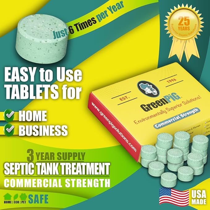 GREEN PIG Septic Tank Treatment Pods- Aids in the Breakdown of Septic Waste to Prevent Backups, Easy Flush Cleaner, 3-year supply, 18 Tablets, 54C Live Tank Treatment