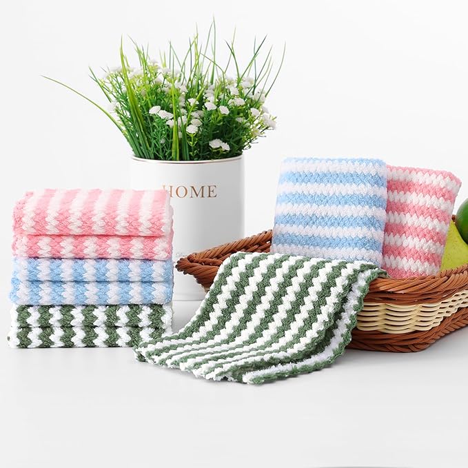 Homaxy 12 Pack Kitchen Dish Cloths, Ultra Soft and Absorbent Dish Towels, Reusable Fast Drying Microfiber Cleaning Cloth, Coral Velvet Wave Design No-lint, 10 x 10 inches, Blue/Pink/Grass Green