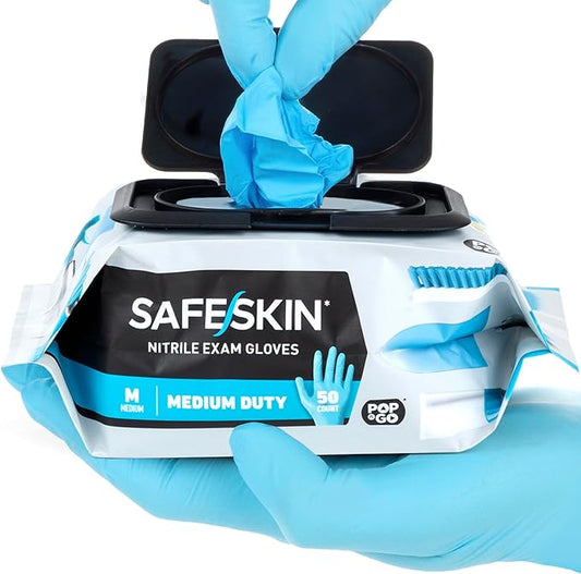 SAFESKIN Disposable Nitrile Gloves in POP-N-GO Pack (50 or 200 Count) Medium Duty, Powder-Free -Cleaning, Gardening, Crafts