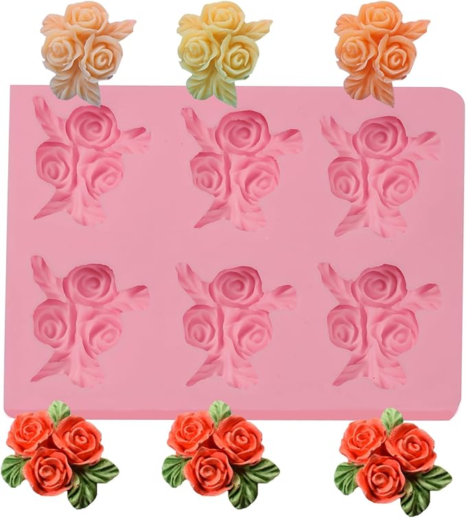6-Cavity Rose Candy Silicone Mold, Cake Decoration Fondant Molds, for Wedding, Valentine's Day, Birthday Party, Anniversary Cupcake Topper, Chocolate, Cookies, Jelly, Flower Paste, Soap, Resin, Clay