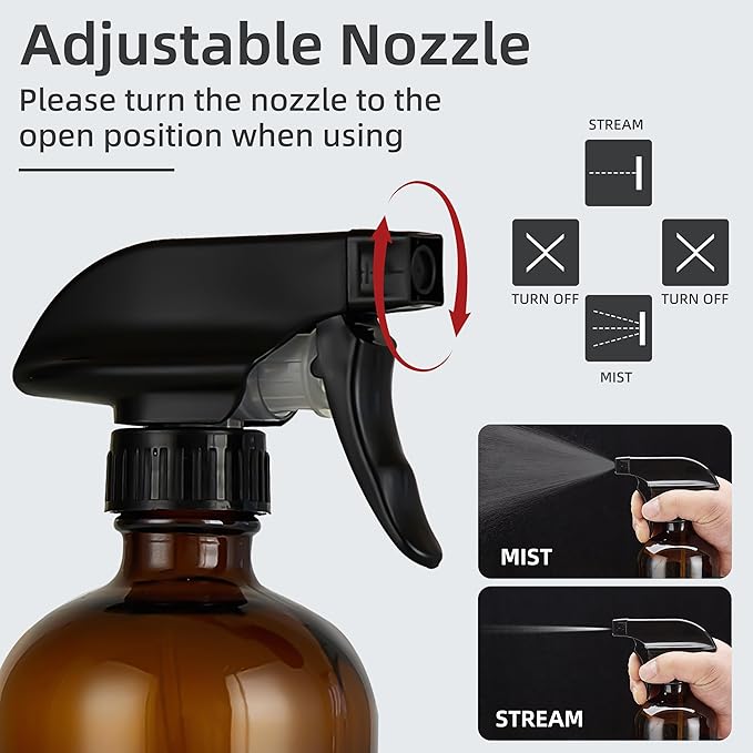 Amber Glass Spray Bottles 16 oz - Refillable Empty Spray Bottles for Cleaning, Essential Oils, Plants, Hair Mister - 2 Pack