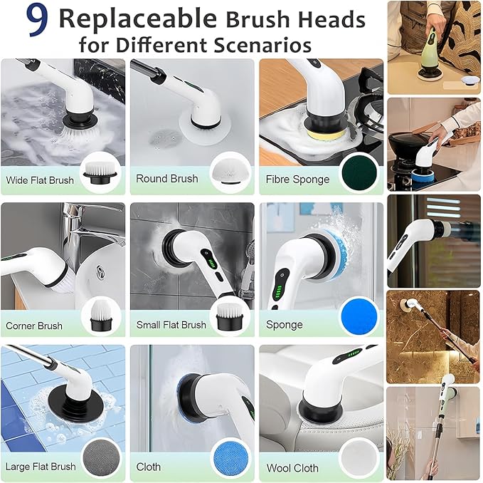 Electric Spin Scrubber - Cordless Cleaning Brush with 9 Attachment Shower and Grout Cleaner, Adjustable Extension Handle, IPX7 Waterproof for Tile Floor Tub Car (White)