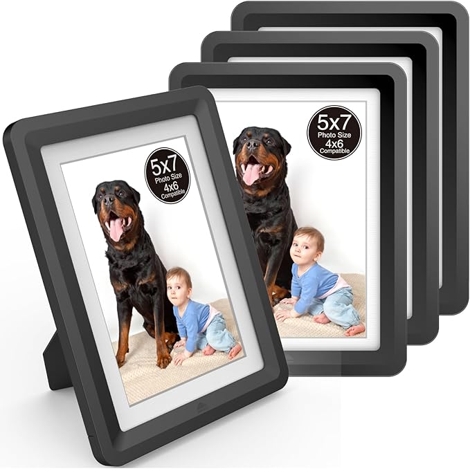 4-Pack 5x7 Picture Frame or 4x6 with Mat – Shatterproof Plastic Picture Frames for Family, Nursery & Playroom, Wall & Tabletop Frame for Home or Office, Safe Lightweight Design, Midnight Elegance