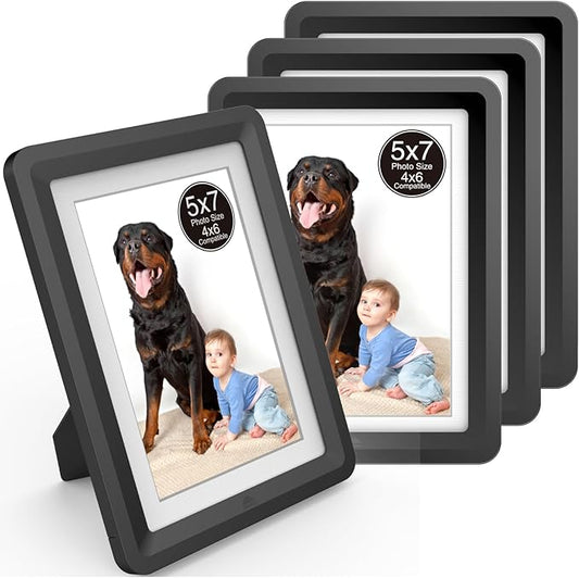 4-Pack 5x7 Picture Frame or 4x6 with Mat – Shatterproof Plastic Picture Frames for Family, Nursery & Playroom, Wall & Tabletop Frame for Home or Office, Safe Lightweight Design, Midnight Elegance