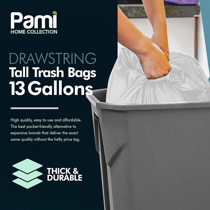 PAMI Tall 13-Gallon Kitchen Drawstring Trash Bags [90-Pack, White] - Extra-Strong Plastic Garbage Bags- Thick Trash Can Liners For Kitchen, Bathroom & Outdoor Bins- 2ft x2ft Unscented Trash Bags