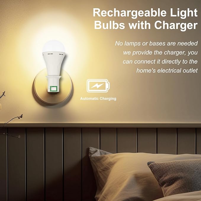Emergency Rechargeable Light Bulbs,6 Pack Battery Operated Backup Light Bulb for Power Outage Camping Outdoor Hurricane 9W E27 8500K 1200mAh White Equivalent Self-Charging LED Light Bulbs