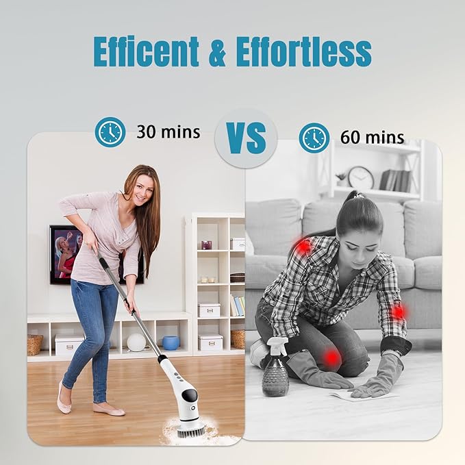 Electric Scrubber for Cleaning, Power Spin Scrubber Cordless for Bathroom Shower Clean, IPX7 Waterproof with 9 Replaceable Brush Heads