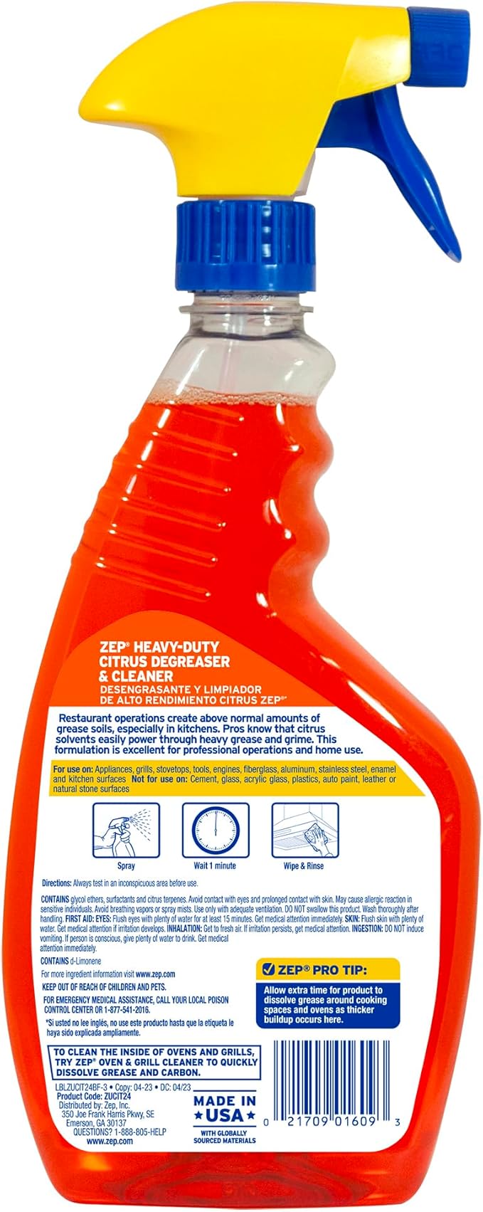 Zep Heavy-Duty Citrus Degreaser and Cleaner - 24 oz (Case of 12) ZUCIT24 - Restaurant Grade, Removes Oil, Grease, Adhesive, and Kitchen Soil on Stovetops, Appliances