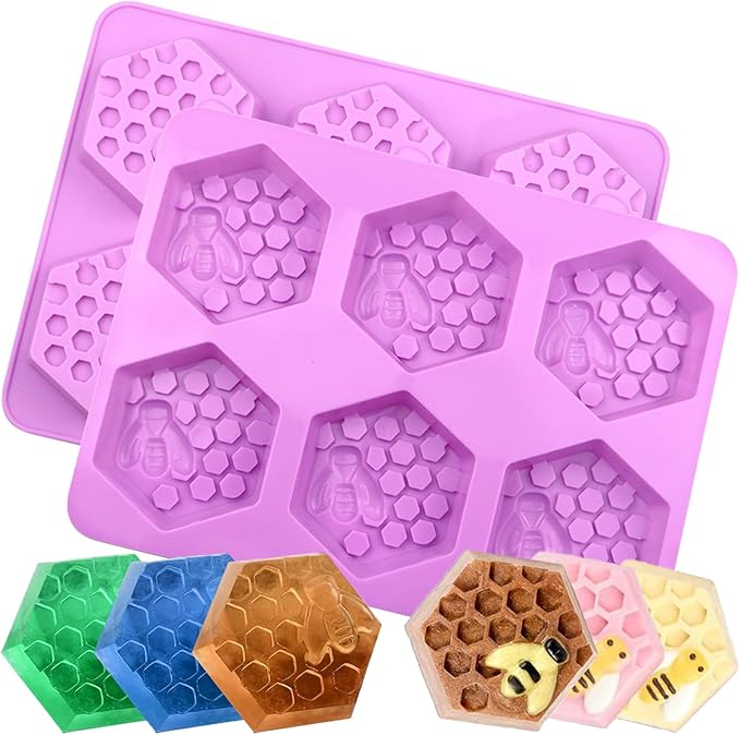 Bee Silicone Molds 2Pcs Honeycomb Silicone Mold Beehive Shape 6 Cavities Molds Set for Homemade Soap Making, DIY Jello, Bath Bomb, Beeswax Candle, Resin