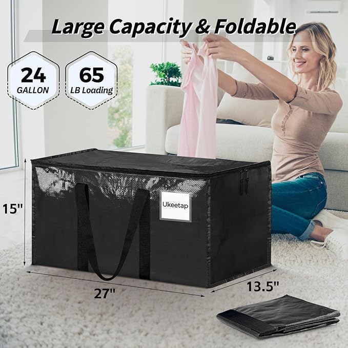16 Pack Extra Large Heavy Duty Moving Bags, Black Storage Bins with Lids, Reinforced Handles & Heavy-Duty Zippers Moving Boxes Storage Bags Totes for Clothes Packing, Dorms, College Supplies, Black
