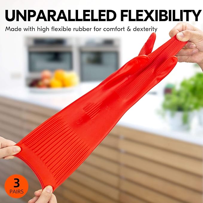Vgo... 3-Pairs Dishwashing Gloves, Reusable Household Gloves, Long Sleeve, Thick Latex, Cleaning, Washing, Working, Painting, Gardening, Pet Care (Size L, Red, RB2143)