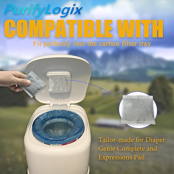 12PCS Diaper Pail Deodorizers Odor Absorber Carbon Filter Refills Compatible with Diaper Genie Complete and Expressions Pail | Air Purifying Bag Absorb Odors, Keep Home Fresh