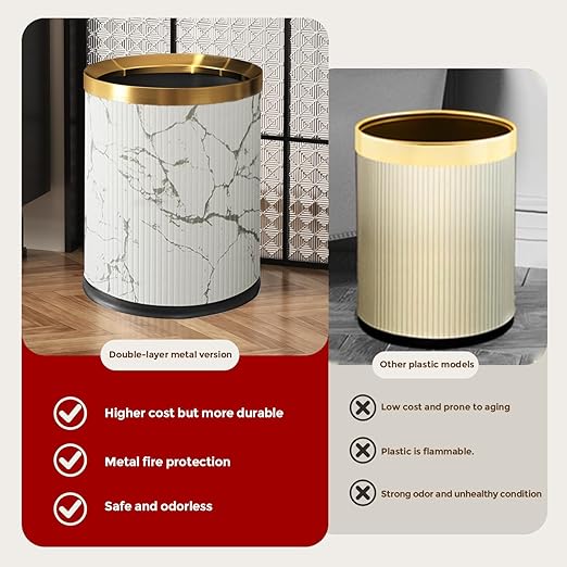 Small Fancy Bathroom Trash Can, Metal Trash can Covered with Leather, Open Top, with Inner for Bathroom, Living Room, Bedroom, Office, Bank, Hotel (9L-Chinese Style)