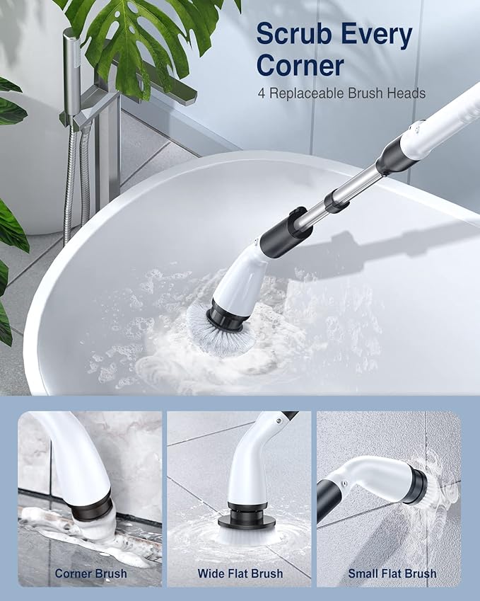 LABIGO Electric Spin Scrubber LA1 Pro, Cordless Spin Scrubber with 4 Replaceable Brush Heads and Adjustable Size Extension Handle Power Full Cleaning Brush for Bathroom Floor, Light Black