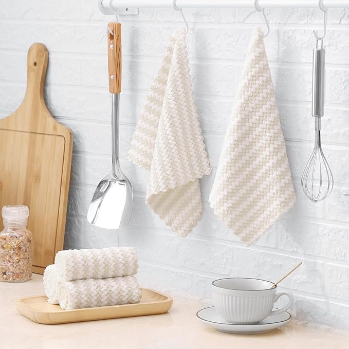Homaxy 18 Pack Kitchen Dish Cloths, Ultra Soft and Absorbent Dish Towels, Reusable Fast Drying Microfiber Cleaning Cloth, Coral Velvet Wave Design Lint Free,10 x 10 inches, Beige