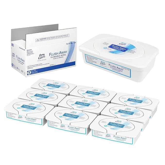 Dynarex DynaCare Flushable Wipes, Bathroom Hygiene Wipes for Adults, Alcohol Free, Safe for Sewers and Septic Systems, 9” x 13” wipes, 1 Case of 9 Tubs (60 Wipes per Tub) [Packaging May Vary]
