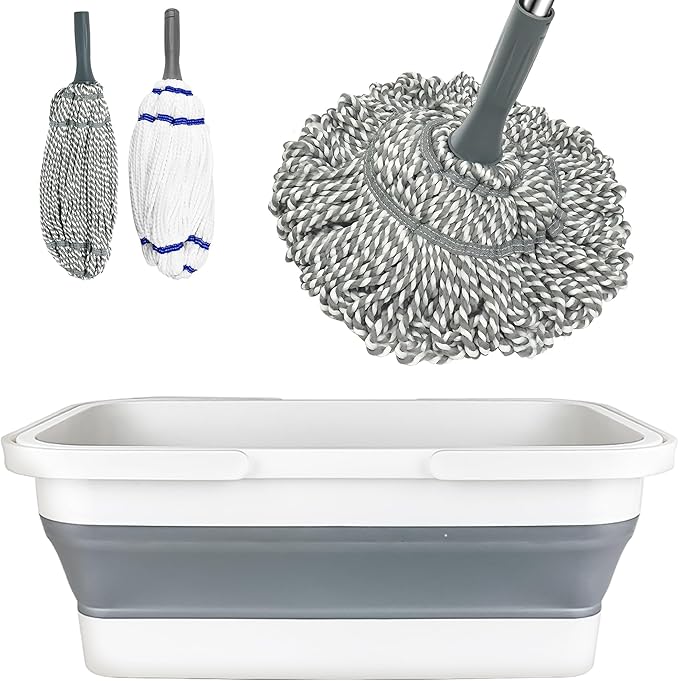 Self Wringing Mop with Bucket- Easy Squeeze Twist Mop with 52.5 Inch Long Handle, Heavy Duty for Hardwood, Tile, Vinyl & Laminate Floors (Gray+White)