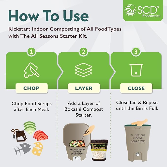 All Seasons Indoor Composter Starter Kit – 5 Gallon Black Compost Bin For Kitchen Countertop With Lid, Spigot & 1 Gallon (2 lbs.) Bag Of Dry Bokashi Bran – Made In USA by SCD Probiotics